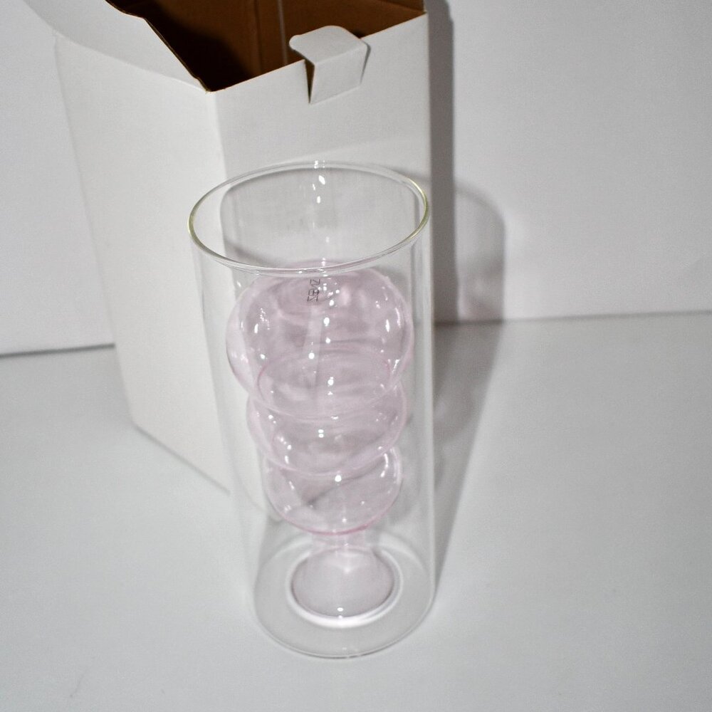 ZENS Modern Pink Hand Blown Glass Vase, Double Hollow, Bubble Flower Vase, NWT